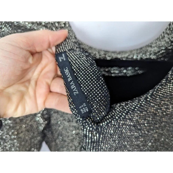 ZARA S Metallic Draped Long Sleeve Dress Runched Gathered Waist Front Slit Bold - Picture 16 of 16